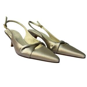 Anne Klein Silver Slingback Kitten Heels, Silver Fabric, Leather Soles, Size 8.5